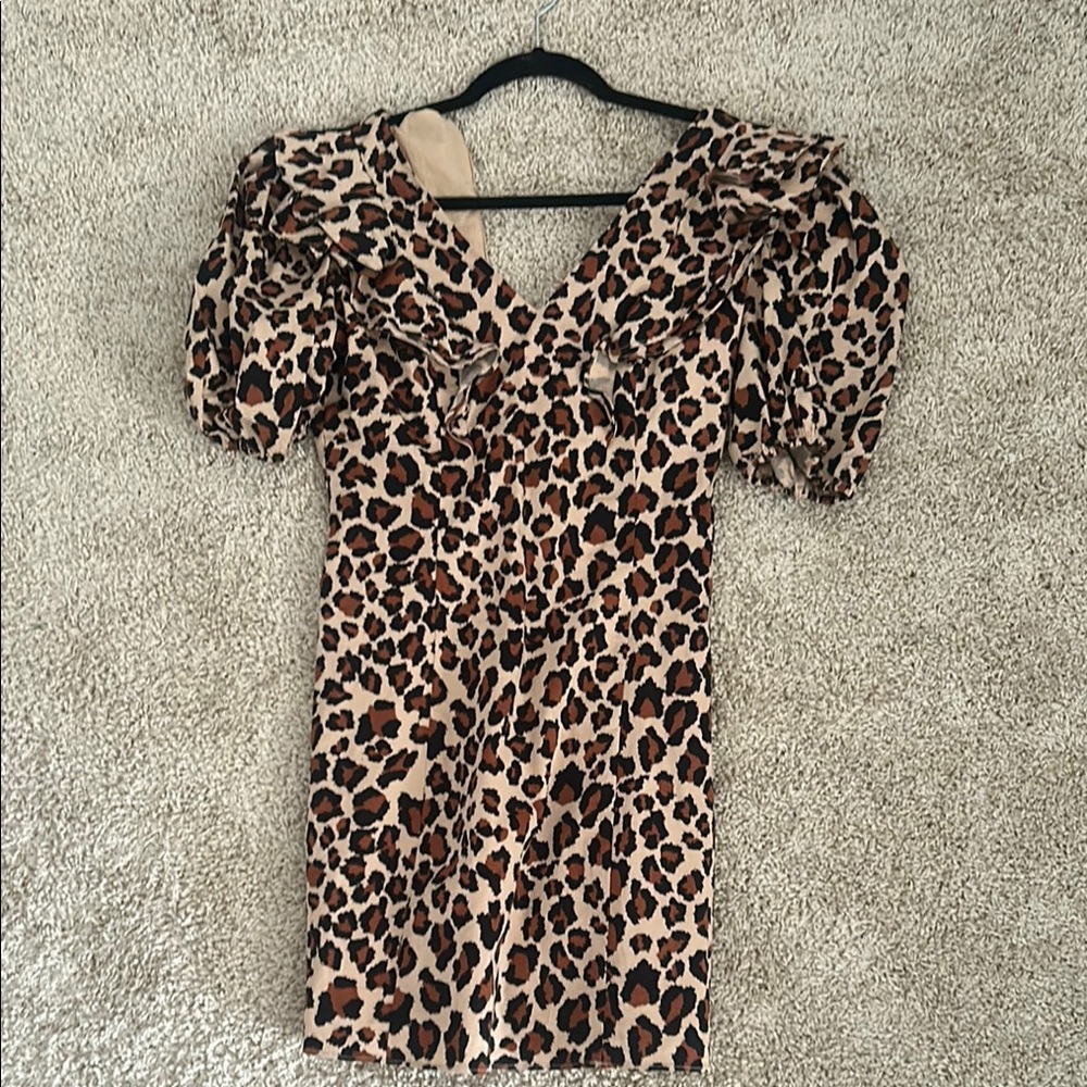 English Factory Brown and Black Puff Sleeve Mini Dress